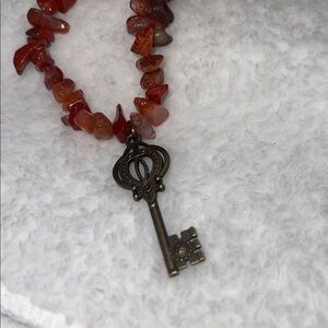 Gold Key Pendant Necklace with Agate chip Red Stones